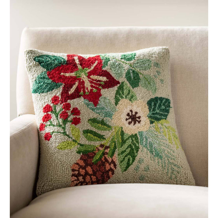 Holly and Berries Hand-Hooked Wool Throw Pillow on Red Background