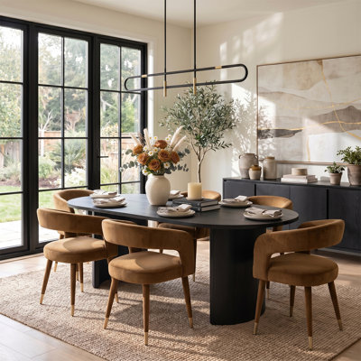 Modern 79" Oval Dining Table Set With 6 Velvet Dining Armchairs