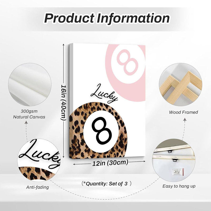 Pink Leopard Wall Art Decor Cheetah Trendy Poster Preppy Aesthetic Canvas Room Decor Pictures Coquette Y2k Wall Art 8 Ball Prints Pink Fashion Bow Artwork For Bedroom Wrapped Canvas