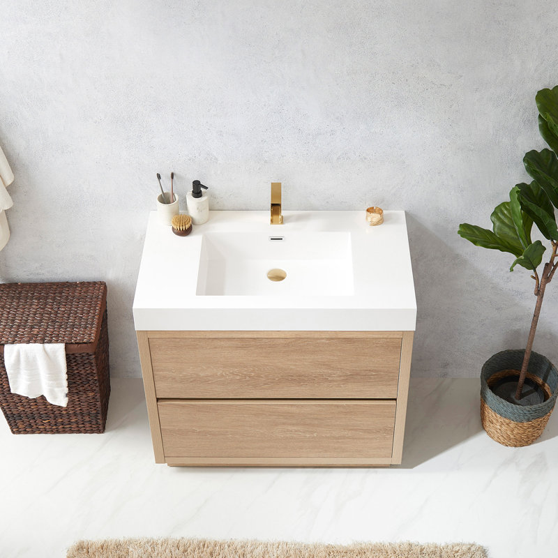 Beira Single Bathroom Vanity with Composite Top, North American Oak, White, 36"