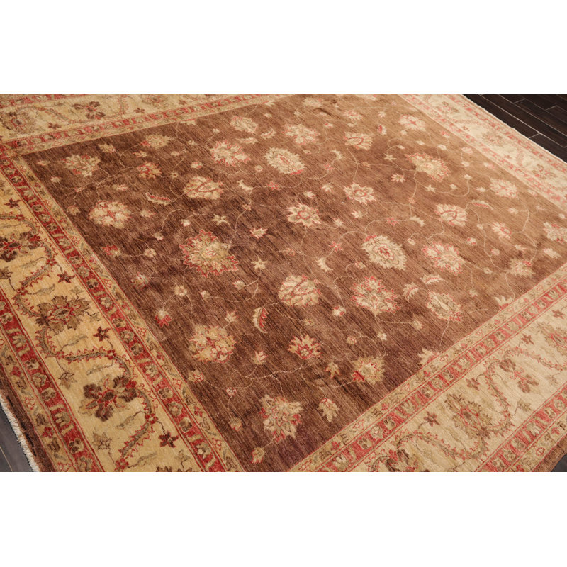 Tapis brun en laine noué à la main de conception unique 7 pi 11 po x 9 pi 5 po Kali-Anne