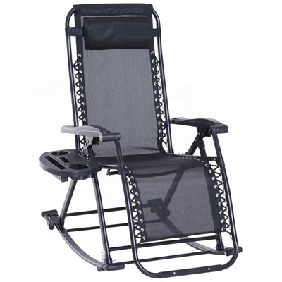 Chaises berçantes d'extérieur, chaise berçante inclinable et inclinable pliable avec coussin, porte-gobelet et téléphone, conception combinée avec pieds pliants, noir