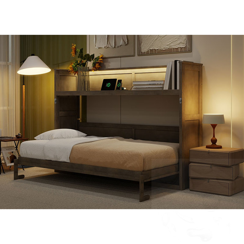 Lit escamotable simple TG avec bureau, lumière DEL et station de charge USB, Gris délavé
