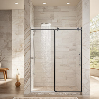 56-60" Adjustable Frameless Single Sliding Shower Door 76" H  Matte Black Reversible Shower Enclosure with 1/4" SGCC Tempered Glass