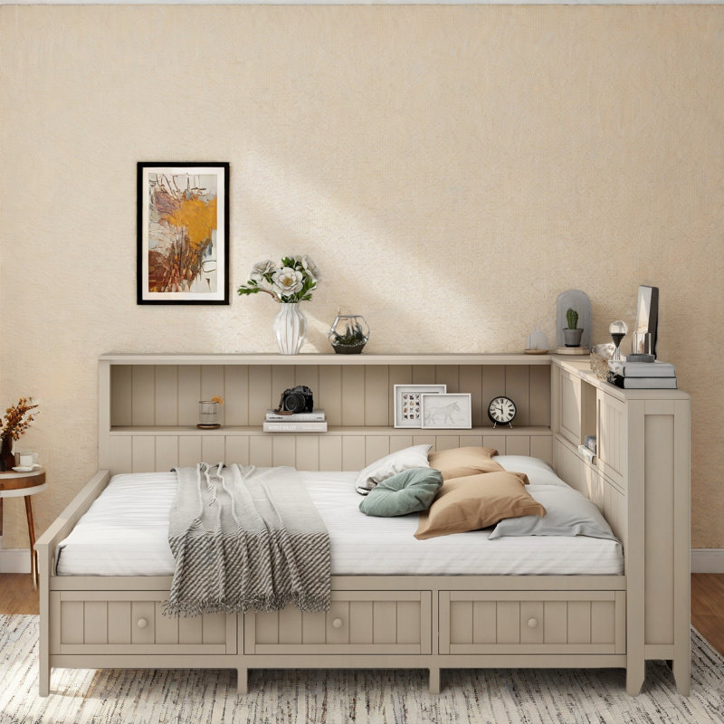 Wood Daybed With Storage Shelves, Sliding Doors And 3 Drawers, Full/Double