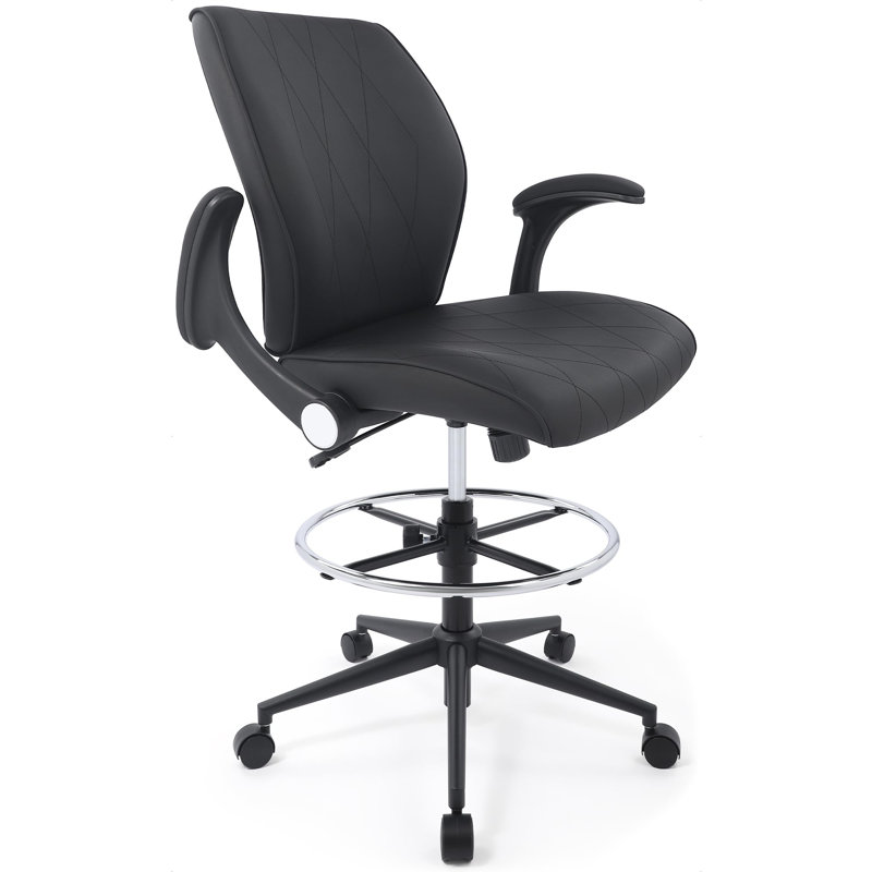 Ergonomic Mid-back Faux Leather Adjustable Drafting Chair With Filp Up Arms And Foot Ring, Standing-desk Matched Tall Swivel Rolling Computer Office Stool, Black