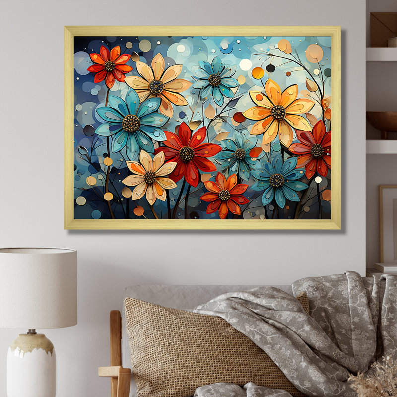 «Cubist Zinnias Flowers Collage» sur toile, Cadre doré simple, H 30 po x l 40 po x P 1,5 po