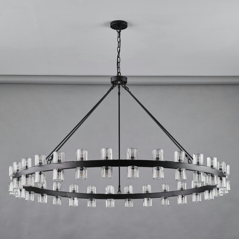 60-Lights Modern Wagon Wheel Chandelier With Crystal Shade, Matte Black