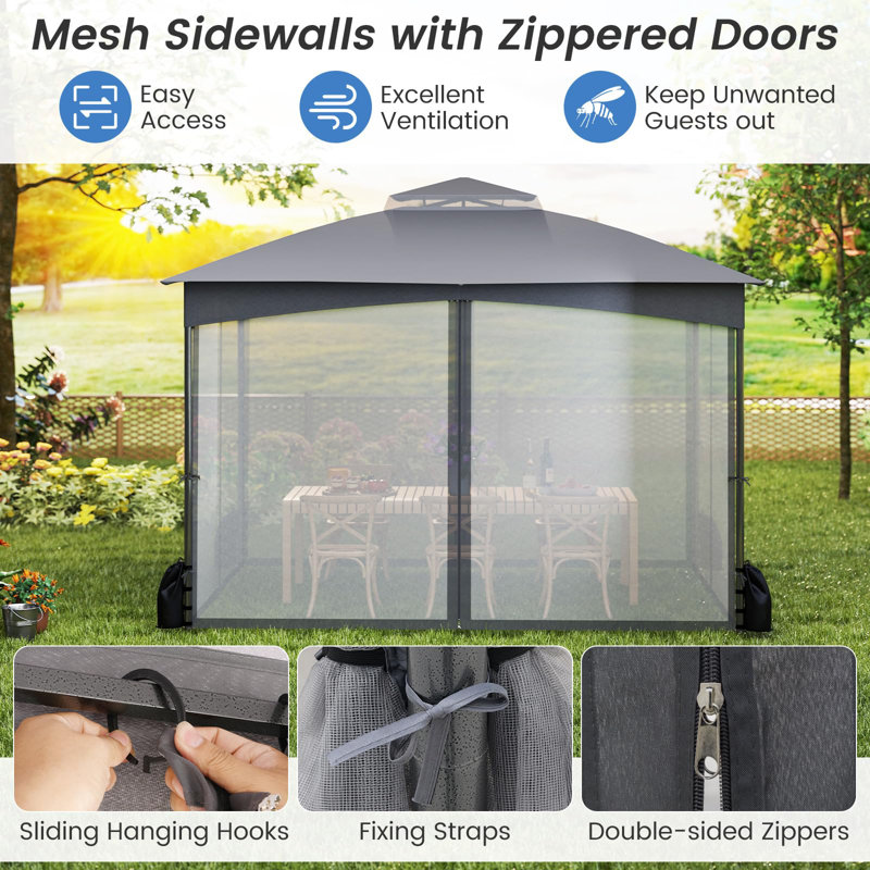 Double Roof Garden Gazebo With Netting Sidewalls, Grey