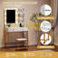 Coiffeuse de maquillage blanche et dorée avec miroir lumineux, tabouret, station de charge et tiroirs