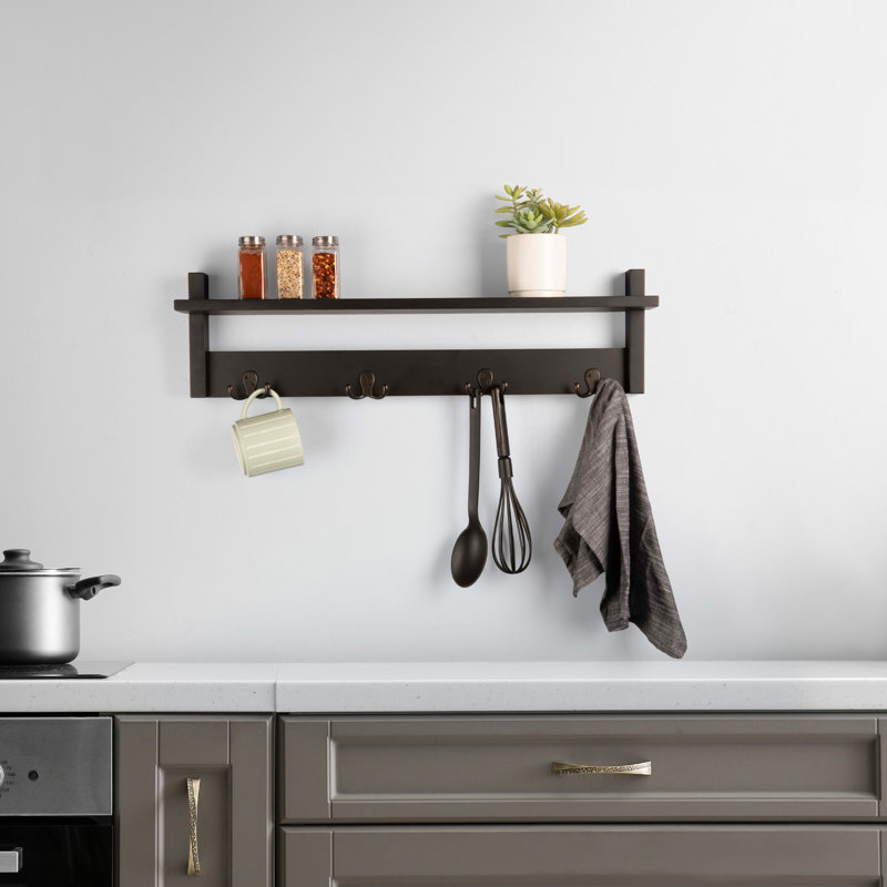 Coat Rack with Shelf - Wall Mount Shelf with 4 Hooks for Purses, Jackets and Keys - Coat Rack for Entryway, Mudroom, or Hallway by Lavish Home (Black)