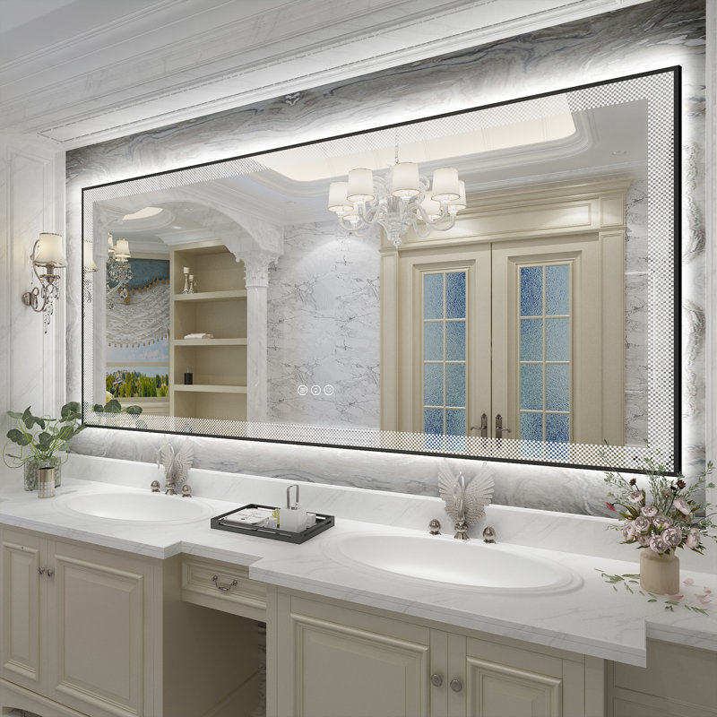 Aevar Checkerboard Framed Super Bright Front & Back LED Lighted Anti-Fog Tempered Glass Bathroom/Vanity Mirror with ETL & 3-Year Warranty