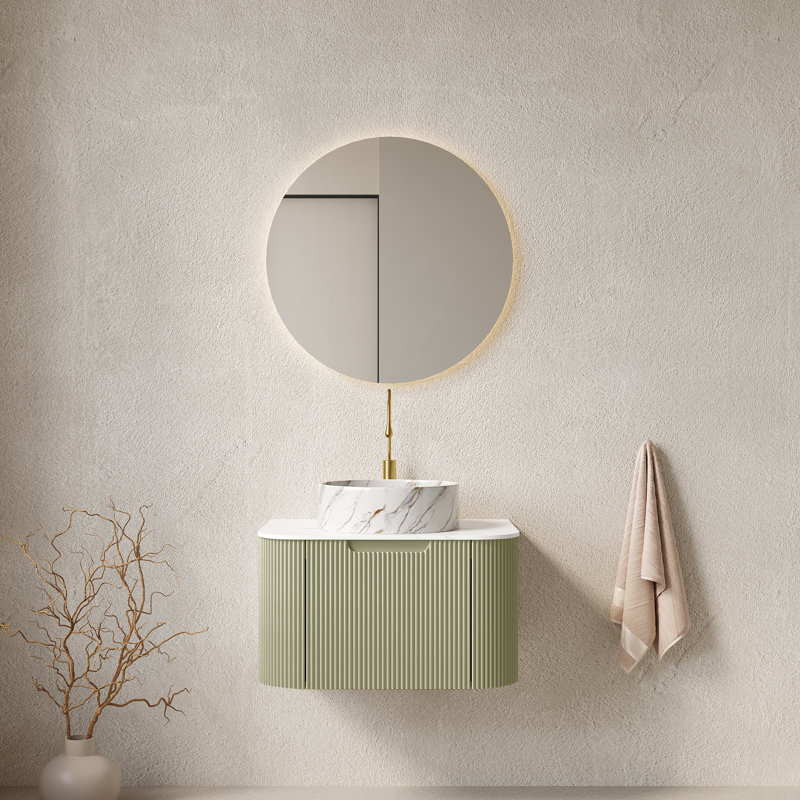 Meuble-lavabo de salle de bain 30 po avec lavabo, meuble de rangement mural à bordures courbées et flottantes avec tiroir, lavabo rond en céramique blanc avec motif de pierre