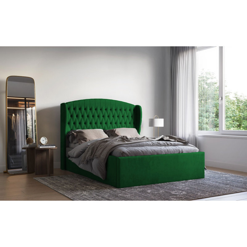Medau Velvet Upholstered Bed Frame - Padded Headboard, Chrome Feet, Double (4'6), Emarald