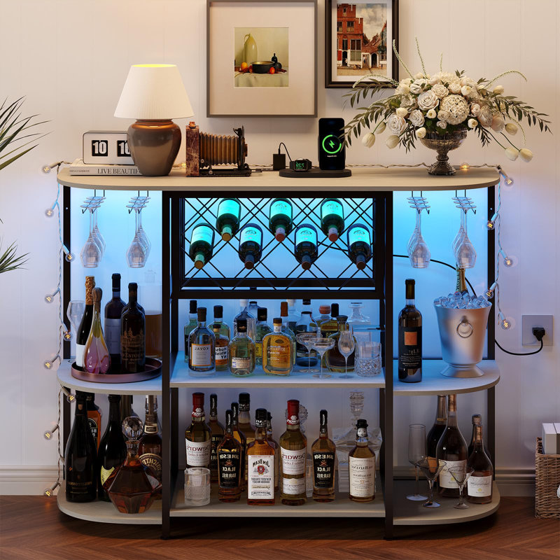Wine Bar Cabinet with Power Outlet & LED Lights, 4-Tier Storage Bar Table with Glass Holder for Home, White