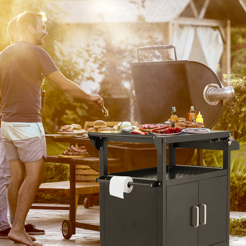 Black Steel Outdoor Grill Cart with Storage Cabinet and Wheels