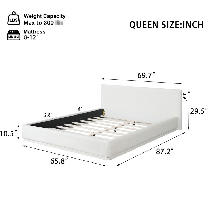 Grand lit tapissier blanc avec revêtement en velours doux, tête de lit entièrement rembourrée pour une inclinaison confortable, cadre en lattes de bois de haute qualité avec perméabilité à l'air et coussin en métal stable et durable