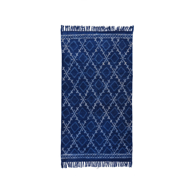 Tapis bleu en coton tissé à plat à la main à motif géométrique Crickhollow, Rectangle de 3 pi x 5 pi