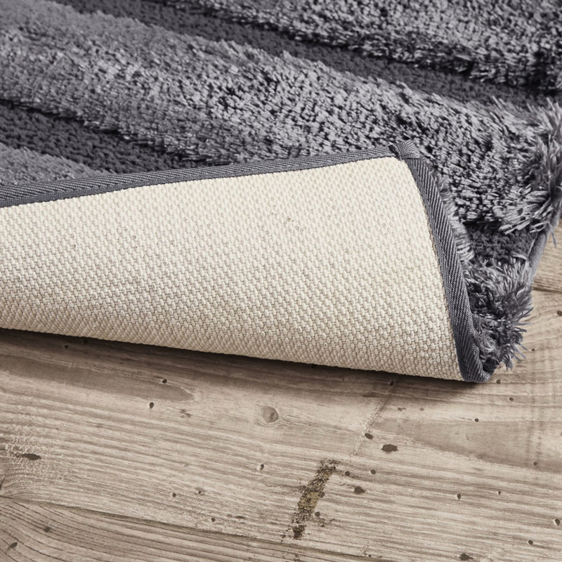 Tapis de bain gris 53 x 86 cm, 100 % coton macrofilé, rayures, effet délavé, envers antidérapant, facile à nettoyer, doux, envers antitaches, lavable à la machine