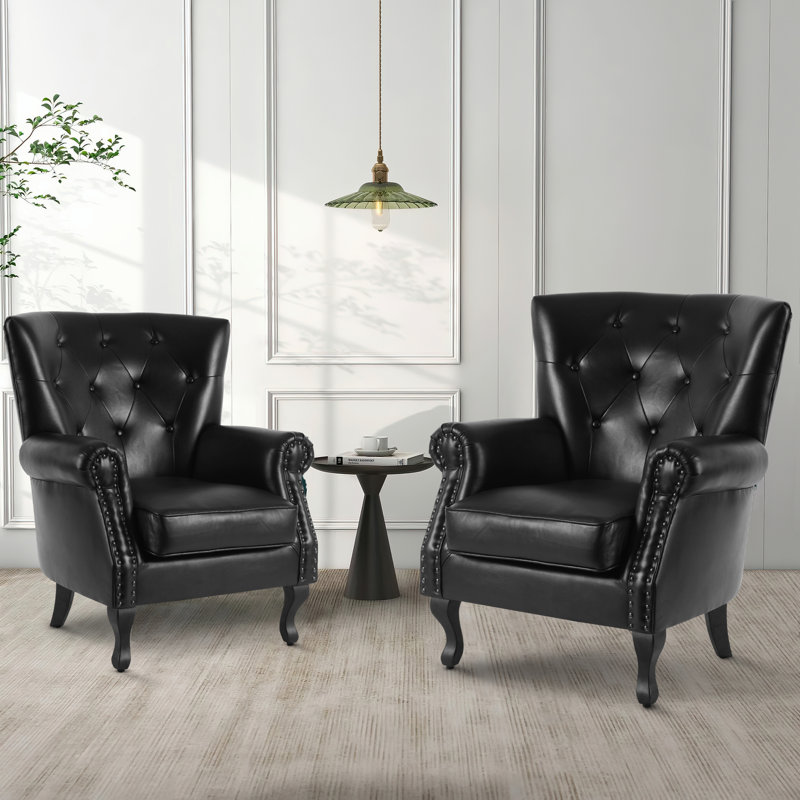 24"W Faux Leather Wingback Chair, Black Faux Leather