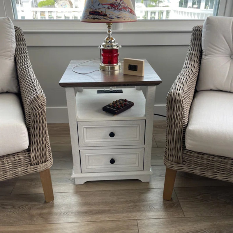 Table de chevet 2 tiroirs avec rangement et prises intégrées Chaky, Blanc / brun, Individuel