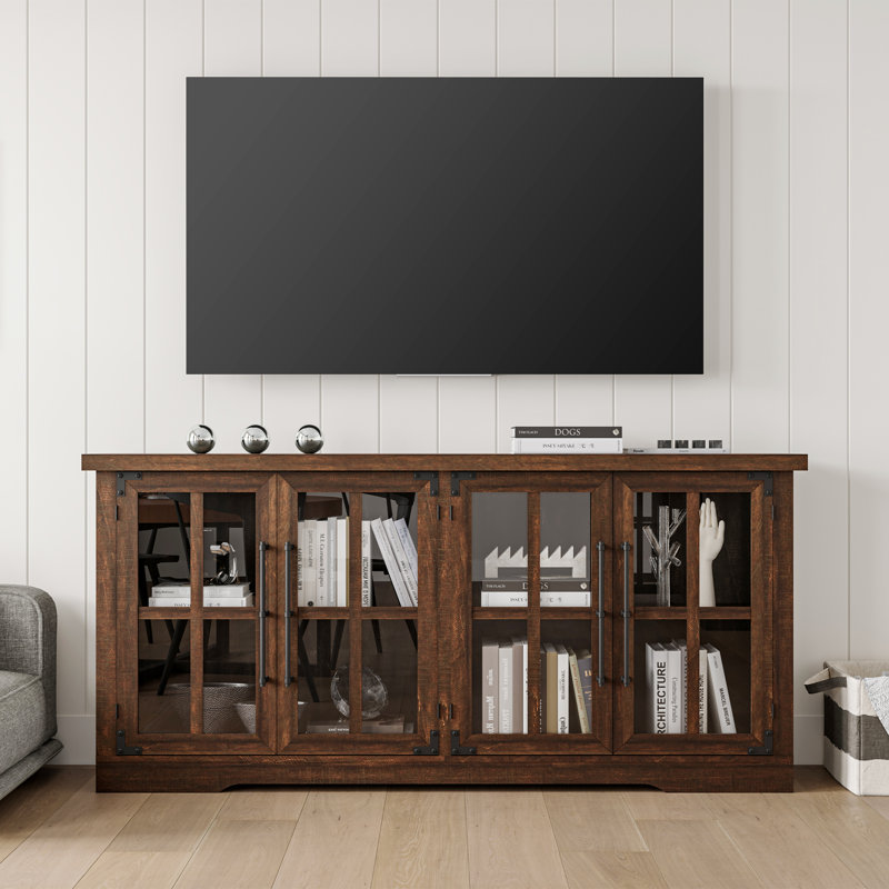 Brown 63" Rustic Wood Sideboard with Glass Doors