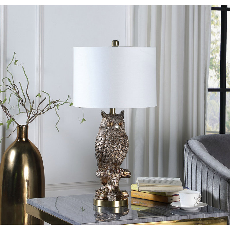27.5" Silver Owl On A Branch Resin Table Lamp