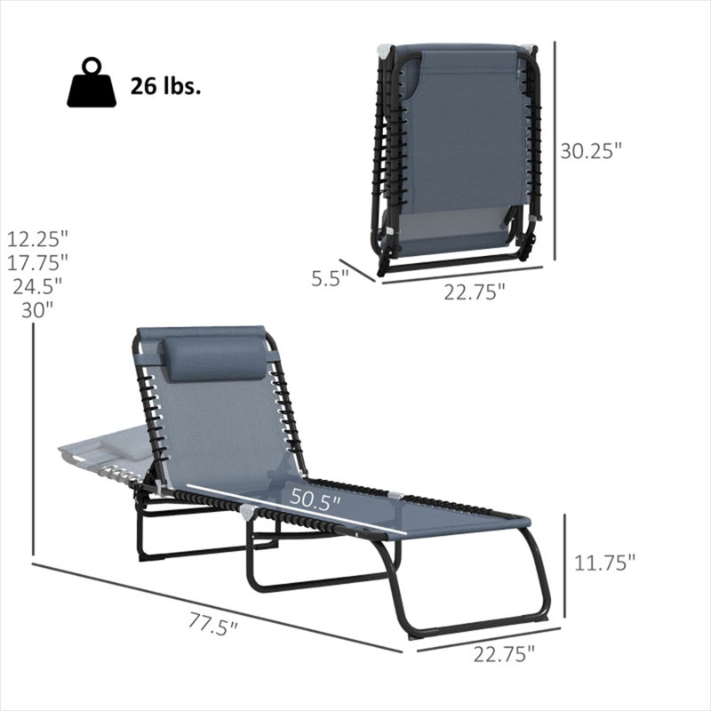 Ensemble de chaises longues pliables avec structure en acier et tissu en maille respirante, fini gris pâle, capacité de charge de 120 kg