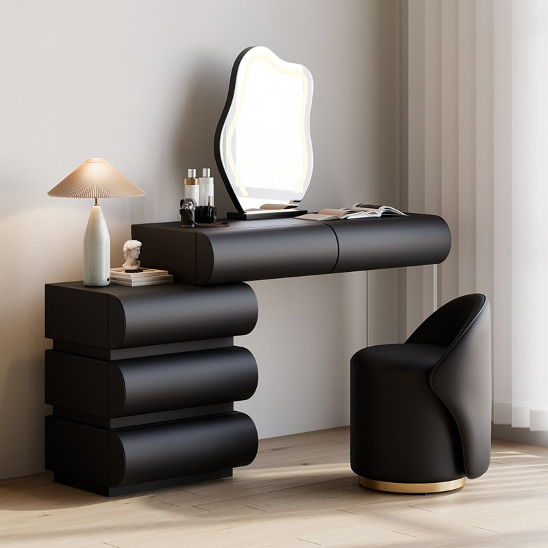 Humply Modern Makeup Vanity Set PU Leather Dressing Table with Stool & LED Mirror, Black