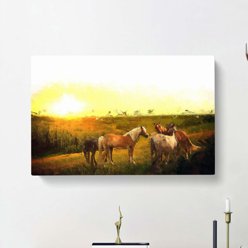 Sunset Over The Horses - Wrapped Canvas Painting, 35cm H x 50cm W x 3cm D