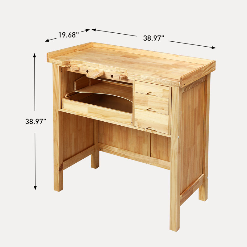 Établi 38,97 po en bois d'hévéa robuste avec 5 tiroirs et une table de garage de 19,68 po de largeur résistant à l'humidité