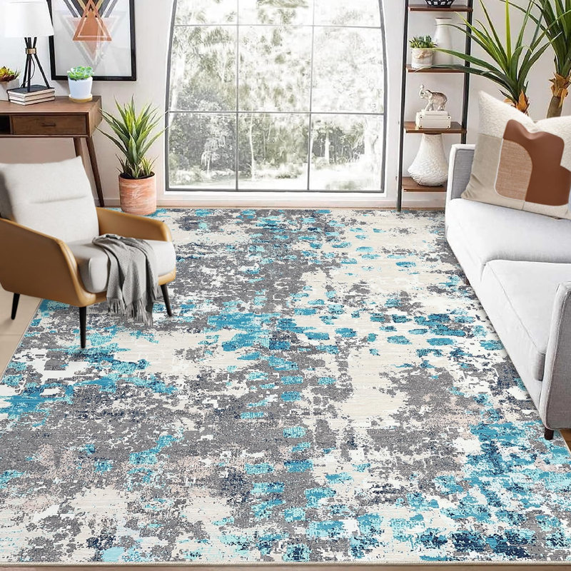 Machine Washable 9x12 Area Rug Modern Abstract Non Slip Rug Foldable Stain Resistant Low Pile Watercolor Design Indoor Carpet for Bedroom Home Office,
