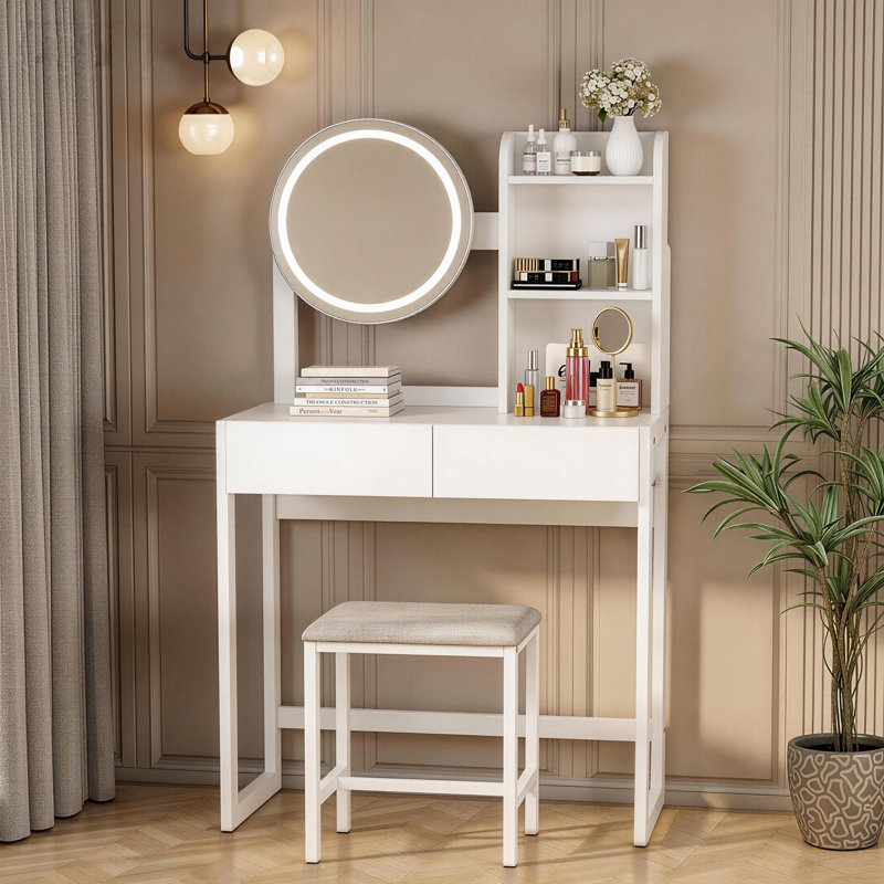 Petit ensemble de coiffeuse avec miroir lumineux et prise de courant, Blanc