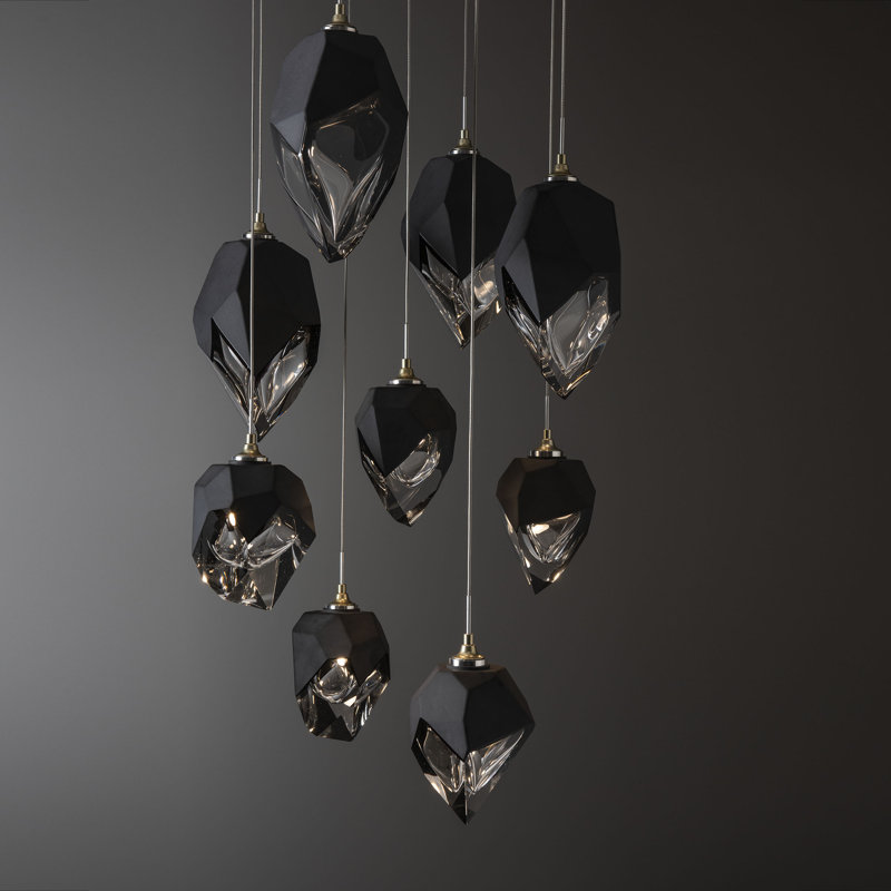 Chrysalis 9 - Light Cluster Geometric Pendant, Black Polished Crystal, Modern Brass, 15" - 80"