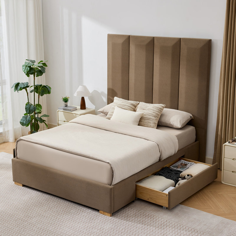 Juanetta 71.5" Tall Headboard Upholstered Platform Bed With 2 Wood Large Storage Drawers, Queen, Taupe