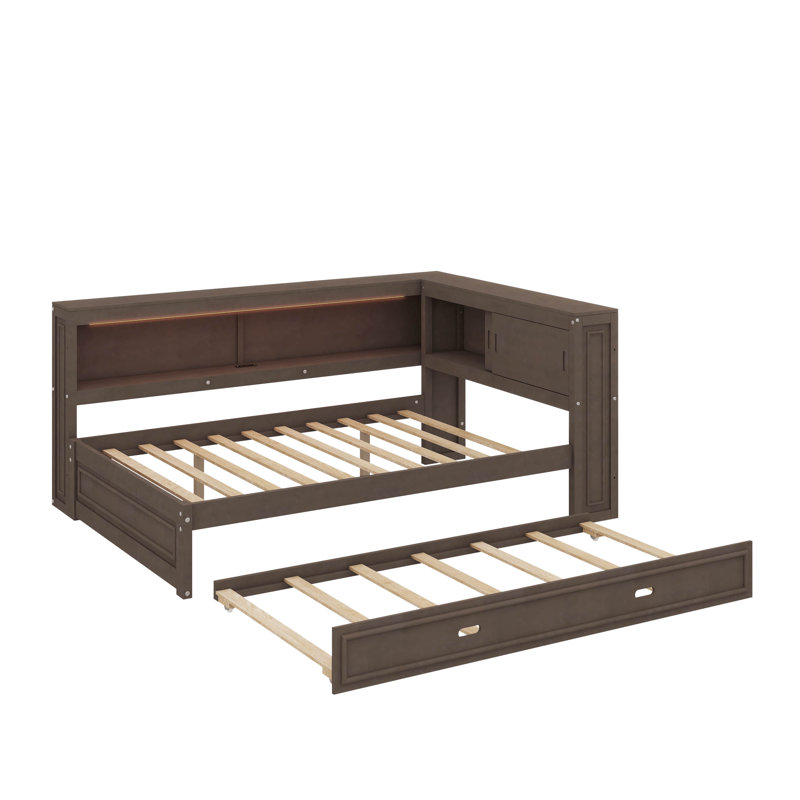 Full Size  Multifunctional Daybed With L-Shaped Trundle Frame Storage Shelves Built-In USB Ports And LED Lighting