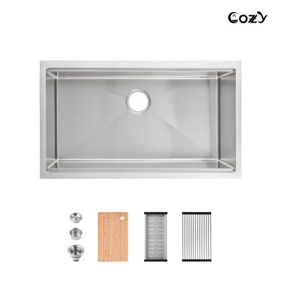 33" L Single Bowl Undermount Handmade Stainless Steel Kitchen Workstation Sink with Colander, Basket Strainer, Cutting Board, Dish Rack