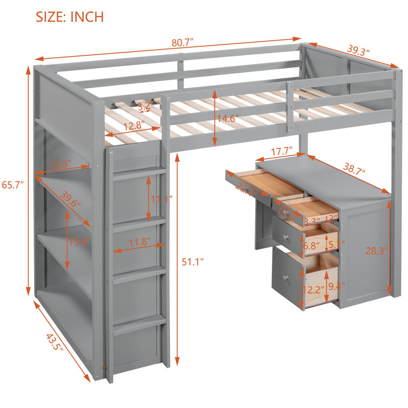 Lit mezzanine avec échelle, tablettes et bureau, Gris, Lit simple