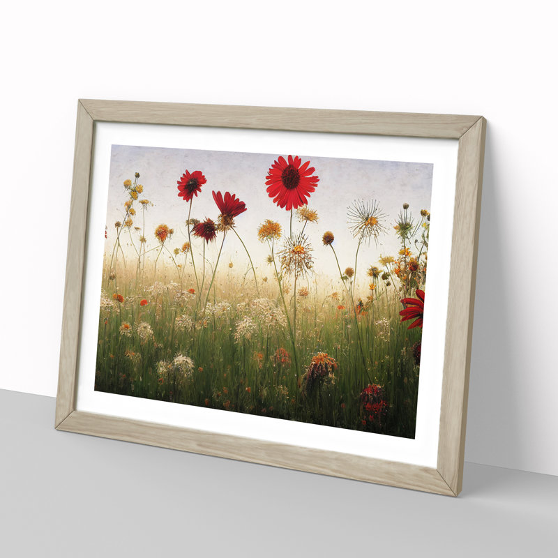 Head Turning Wildflowers Floral - Single Picture Frame Print, 46cm H x 64cm W x 2cm D, Oak