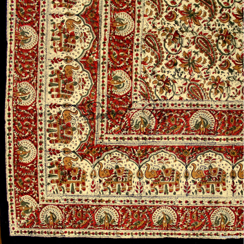 Cotton Floral Tablecloth Rectangle, 104" L x 70" W, Red/Green