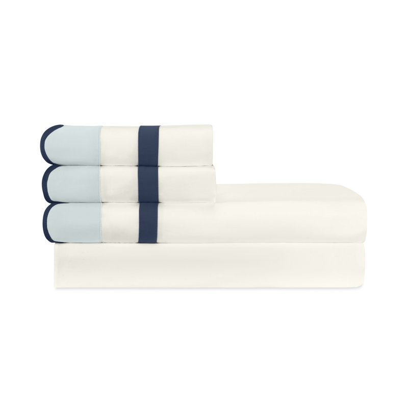 Portofino Sateen Sheet Set, Cal.King Sheet Set + 2 Pillowcases, Ivory/Sion Blue/Navy Blue