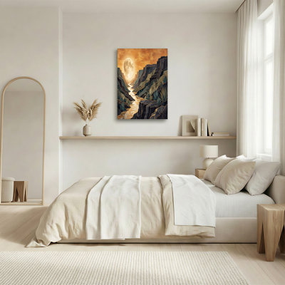Toile dorée, montagnes superposées avec toile de pleine lune et cactus