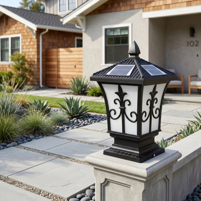Solar Pillar Light Dual Power Outdoor Post Light Black Plastic Ip65 Waterproof With Remote For Garden Yard