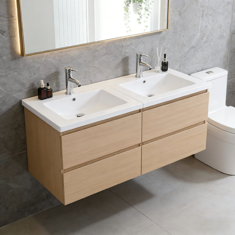 Ensemble de meuble-lavabo mural double 48 po avec plateau en résine, robinet et armoire flottante 48 po, Naturel