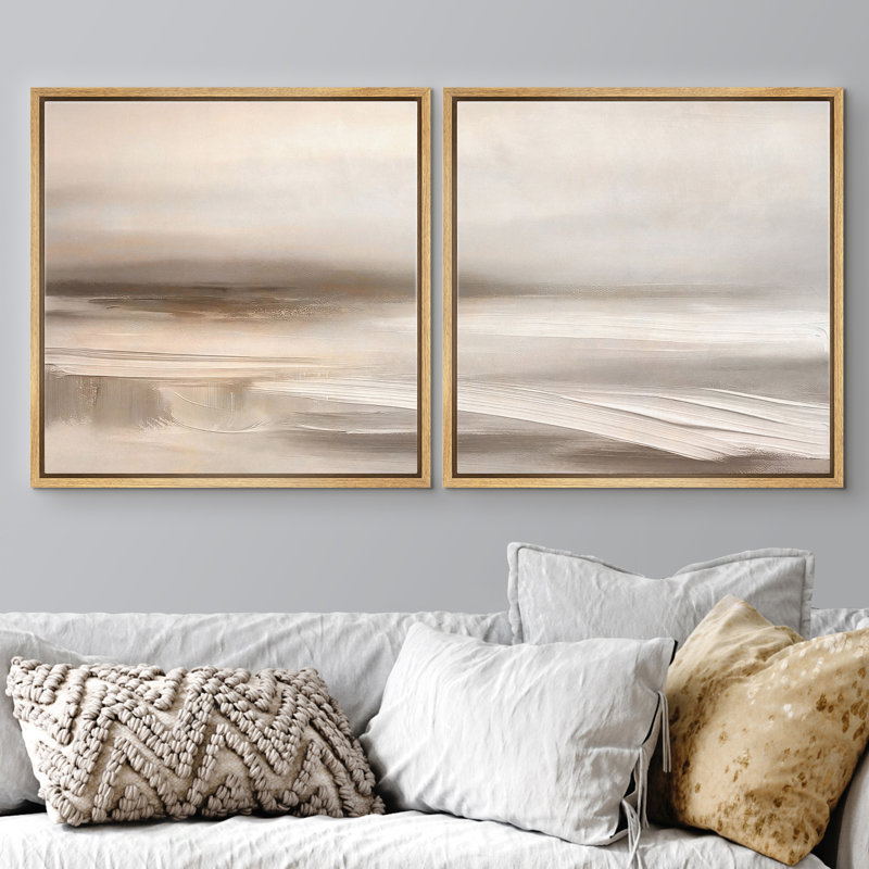 Warm Neutral Beige Soft Abstract Landscape Wall Decor Set Framed Master Bedroom Wall Art Work 2 Pieces Print, 24" H x 24" W