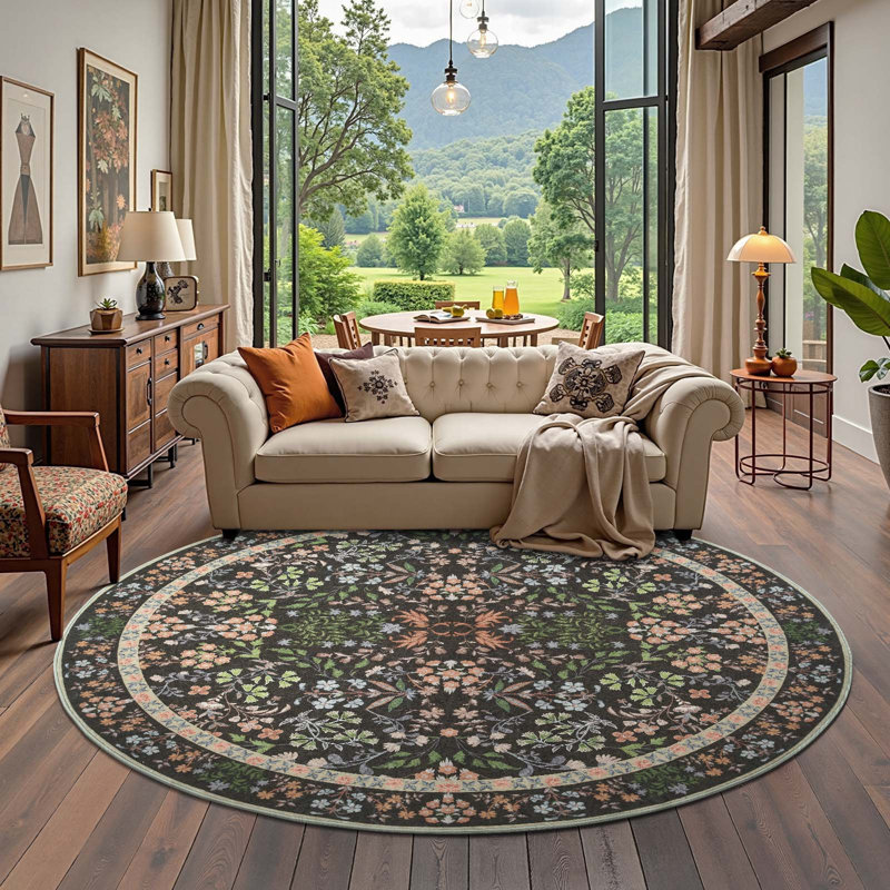 Floral Machine Washable Area Rug, Black, Round 8'