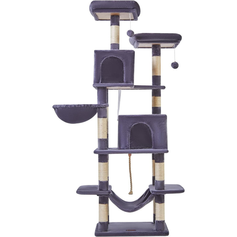 Cat Tree, 71.7-Inch Cat Tower For Indoor Cats, Plush Multi-Level Cat Condo With 13 Scratching Posts, 2 Perches, 2 Caves, Hammock, 2 Pompoms,Smoky Grey MS013LG
