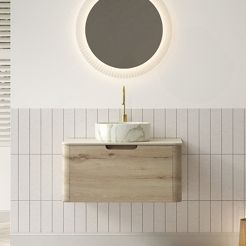 Meuble-lavabo de 30 po avec lavabo, armoire de rangement flottante en contreplaqué avec tiroir, cuve en céramique avec motif en pierre et plateau en pierre frittée à motif travertin, couleur grain de bois de chêne blanc