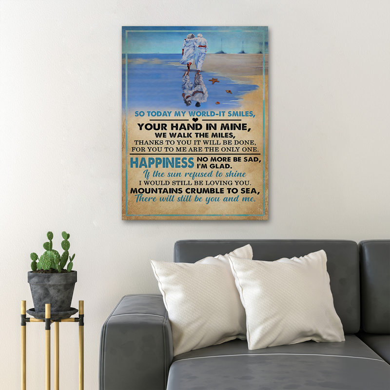 «Old Couple On Beach - So Today My World It Smiles», reproduction d'art graphique sur toile tendue