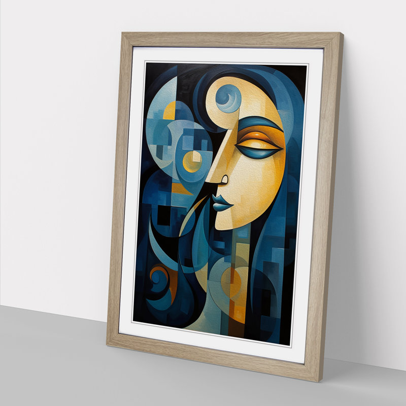 Moon Cubism No.3 - Single Picture Frame Print on Wood, Oak Framed, 64cm H x 46cm W x 2cm D